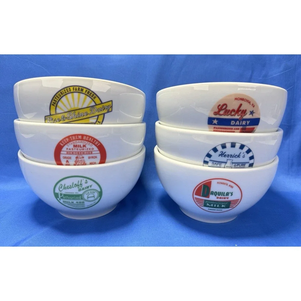 Pottery Barn Dairy Milk Advertisement Cereal Bowls Complete Set of 6 Retired
